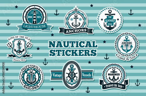 Nautical and marine navy vector stickers with ship anchors, steering wheels, lighthouses, sailor crests, decorative rope frames and ribbons, lighthouse with waves, crossed tridents and chains