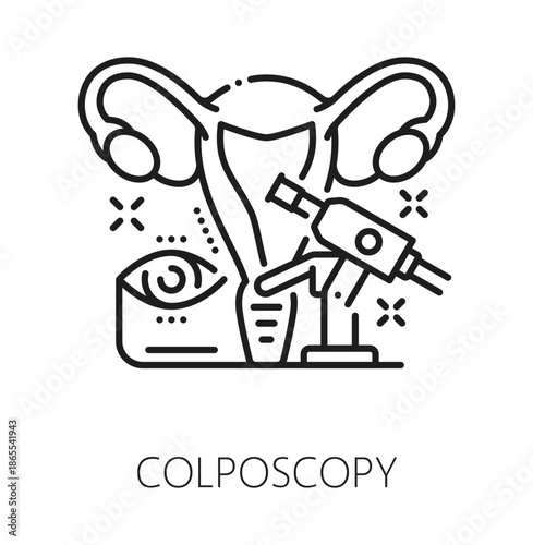 Colposcopy gynecology, fertility and medical line icon or label. Urinary medicine outline pictogram, pregnancy health and fertility thin line vector icon. Gynecology procedure healthcare sign with