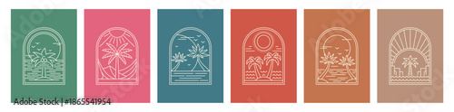 Boho palm tree arc icons, bohemian tropical plants. Abstract arch frames with palms, ocean waves, sunsets and natural landscapes, mountains and island. Vector outline emblems for hotels and vacations