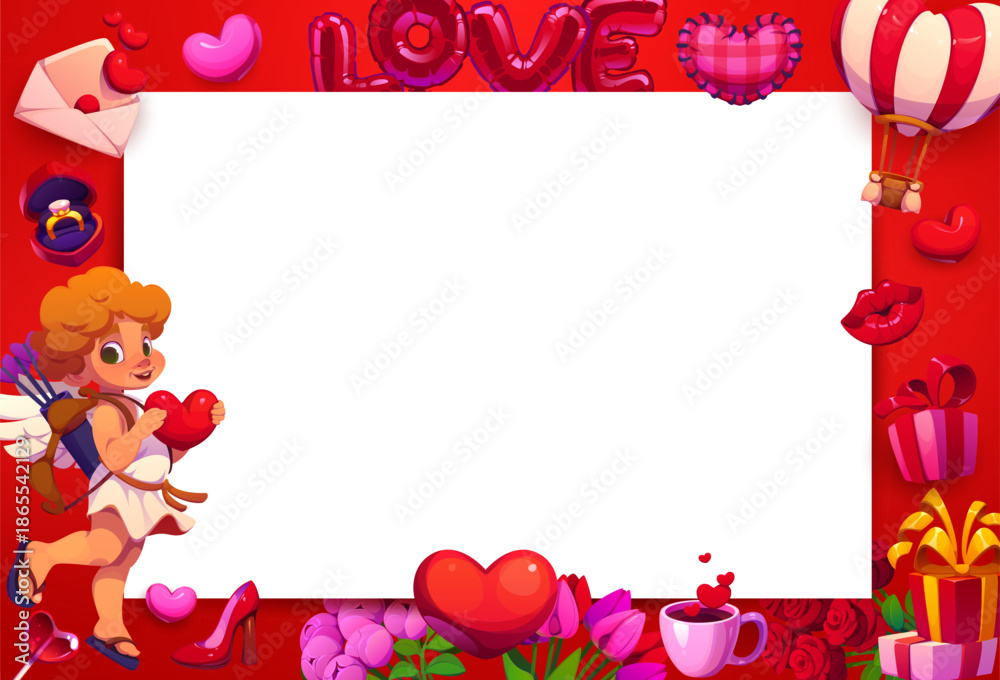 Fototapeta premium Valentine day holiday greeting card frame with hearts and cupid angel, vector background. Valentine day greeting card with frame of love balloons, cupid cherub with arrows, wedding gifts and flowers