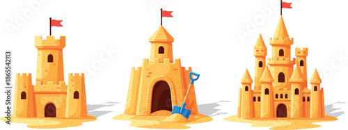 Vector illustration of detailed sandcastles and beach shovel isolated on white for summer travel and childhood play themes.