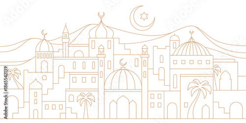 Arabian city landscape. Ramadan holiday silhouette with muslim mosques, oriental houses and minarets, palm trees and desert hills under crescent moon. Eid Mubarak celebration