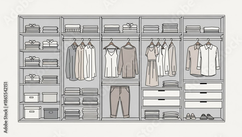 Large organized walk in closet with shelves drawers clothes and shoes with organized closet and clothing storage and fashion organization with shoe rack