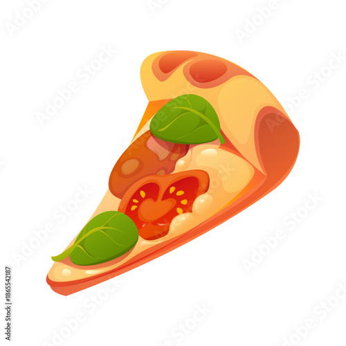 Cartoon pizza slice of fast food or pizzeria takeaway snack, vector icon. Italian cuisine fast food cartoon pizza slice with basil, tomato, salami pepperoni and cheese for pizzeria meals delivery menu
