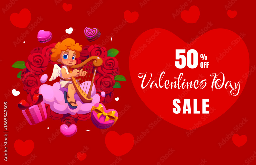 Fototapeta premium Cartoon cherub cupid angel on Valentine day sale banner with hearts and gifts, vector shop ad poster. Valentine day sale and love holiday discount promo banner with cute cupid on cloud with flowers