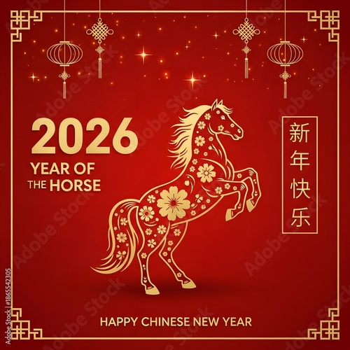 Golden Horse Chinese New Year 2026 Festive Greeting Card