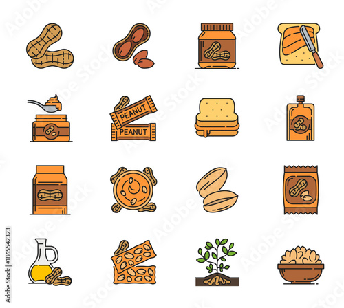 Peanut food and butter line icons of groundnut arachis products, vector pictograms. Peanut food and snacks color line icons of nut oil and butter spread on sandwich, roasted and peeled groundnuts