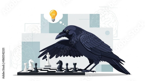 A black crow with a lightbulb thought bubble standing on a chessboard with pieces, symbolizing strategic thinking and problem solving ideas with bird
