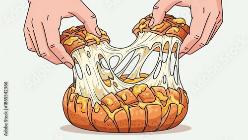 Melted cheese being stretched from a round baked food item with golden crust with stretchy cheese and hands holding and food illustration with pull