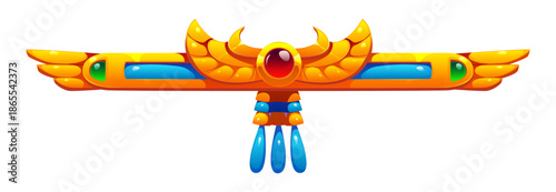 Ancient ornament, Egyptian divider vector border frame. Golden symbol with wide spread wings and scarab jewel glows in tones of amber, blue and emerald. Egyptian mythology or fantasy game decoration