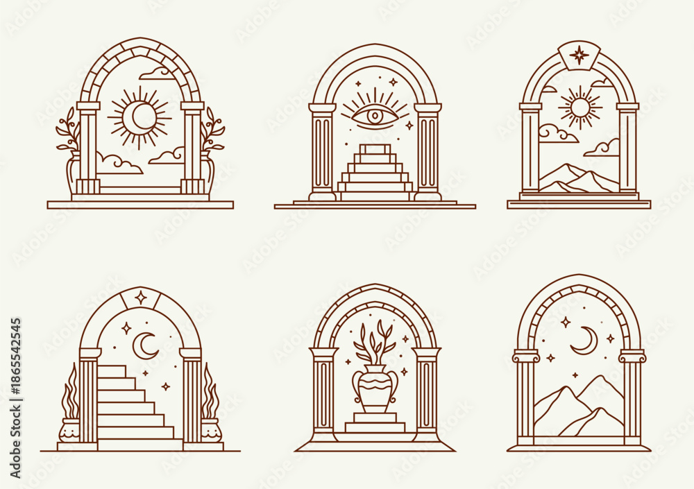 Fototapeta premium Mystic Boho arches with magic Bohemian doorway and esoteric ornaments, vector symbols. Boho arches or Medieval door arc with celestial stars and sun, mason eye and moon, flowers vase of Bohemian magic