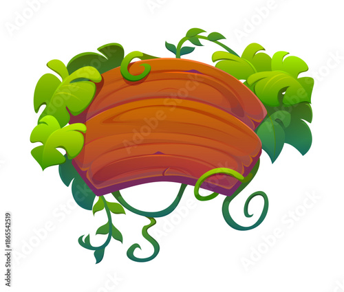 Jungle forest adventure wooden sign in liana vines frame, vector cartoon signboard. Tropical jungle plants with wooden sign board plate with rainforest tendrils of liana leaves for adventure game
