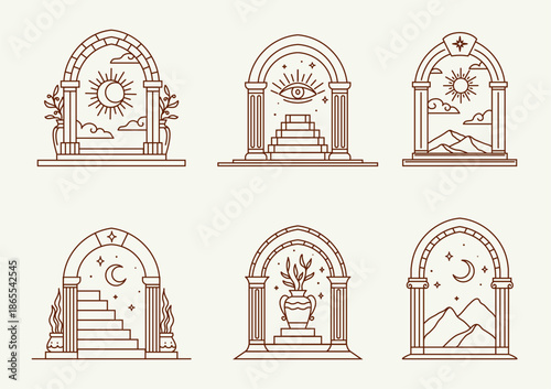 Mystic Boho arches with magic Bohemian doorway and esoteric ornaments, vector symbols. Boho arches or Medieval door arc with celestial stars and sun, mason eye and moon, flowers vase of Bohemian magic