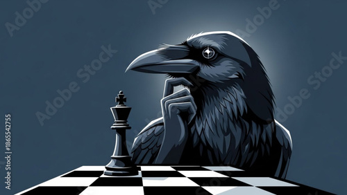 Black crow contemplating a chess piece on a checkered board with a thoughtful expression and dark background with strategy and intelligence with mystery