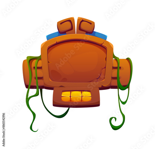 Aztec Inca Maya Mexican game vector frame board with carved stone columns and ornaments, blue accent stones and twisting jungle plants. Cartoon brown stone game ui board with cracks