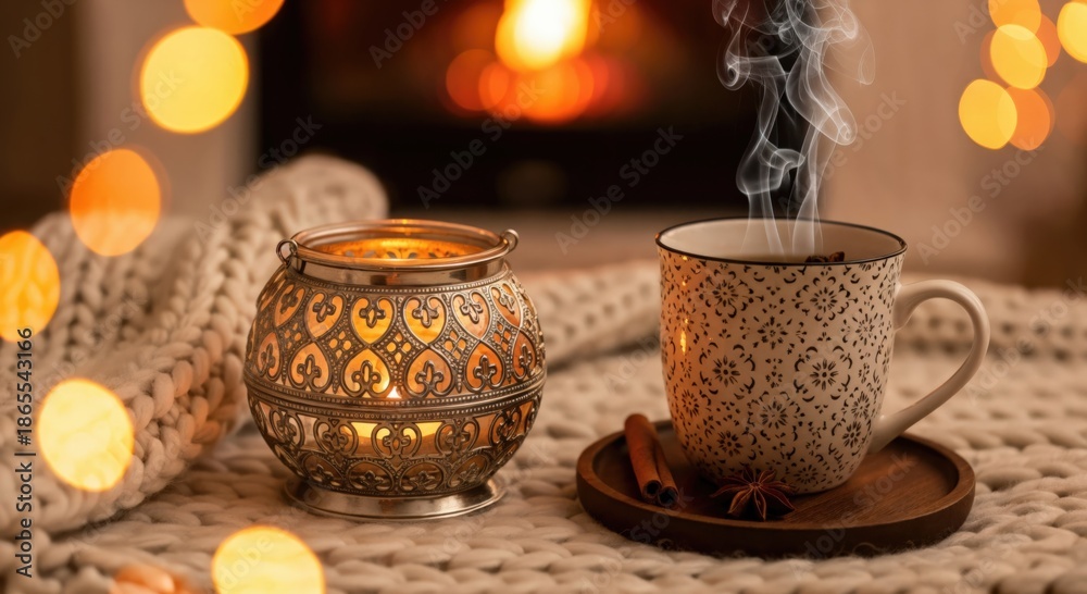 Fototapeta premium Cozy Warm Ambience with Candle and Mug on Knitted Throw in Front of Fireplace