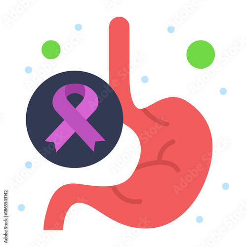 Digestive Health Awareness: An illustrated representation of the stomach, prominently featuring a symbolic purple ribbon.