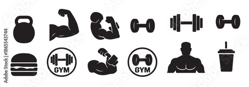  set of gym and fitness icons including dumbbells biceps