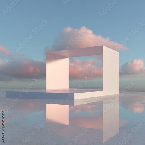 mirror surface podium, reflection of blue sky and pink clouds, surreal dreamscape, open space, ethereal lighting