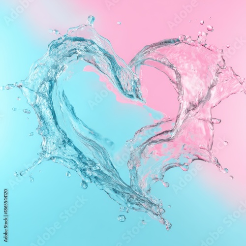 product photography background, splash of water forming a heart shape, fresh and clean, blue and pink gradient, high speed photography --chaos 25 --raw 
