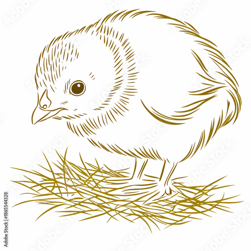 Young chick standing on hay with a curious expression, Easter    