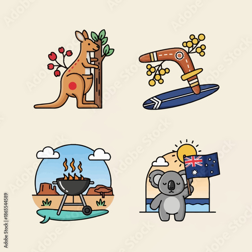 A vibrant collection of Australian icons including a kangaroo, boomerang, barbecue, and a koala holding the Australian flag.