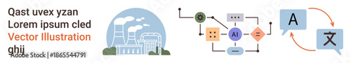 Energy production, industrial operations, artificial intelligence, machine learning, workflow automation, language translation. Power plant, AI flowchart speech translation. Energy and artificial