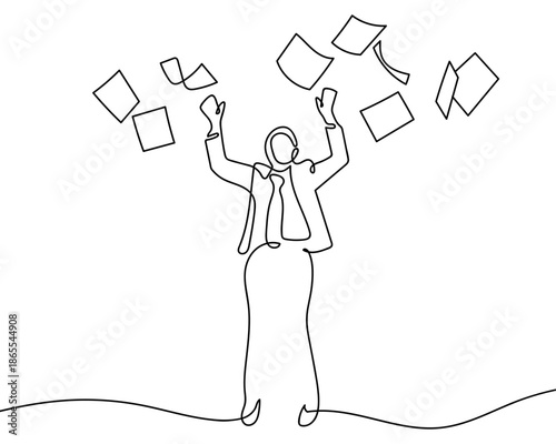 A single, continuous line a businessman amidst documents floating in the air. line art Vector drawing style on a transparent background Editable stroke.