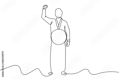 One continuous line the winning athlete receives a medal. line art Vector drawing style on a transparent background Editable stroke.