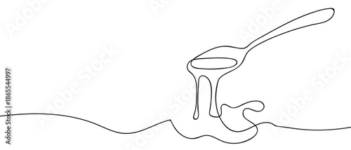 A continuous line, a spoon scooping caramel. line art Vector drawing style on a transparent background Editable stroke.