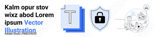 Data security, typography editing, biotechnology, innovation, science communication, digital solutions. Set of icons text format, a shield with a lock and bio-related visuals. Data security
