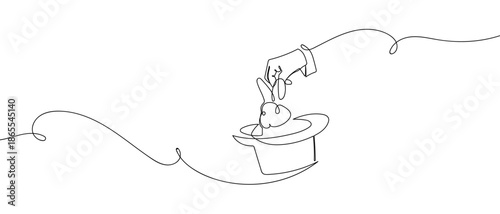 With a continuous line, the magician pulls a rabbit out of a hat. line art Vector drawing style on a transparent background Editable stroke.