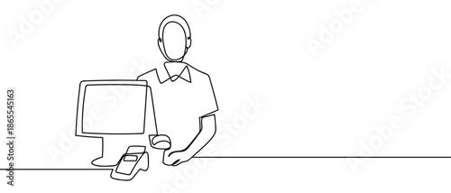 A single, continuous line a cashier at the checkout counter in a supermarket. line art Vector drawing style on a transparent background Editable stroke.