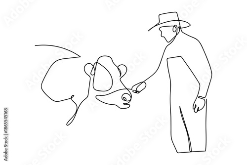 A continuous line. A farmer is tending cows. Illustration of a dairy farm concept. line art Vector drawing style on a transparent background Editable stroke.