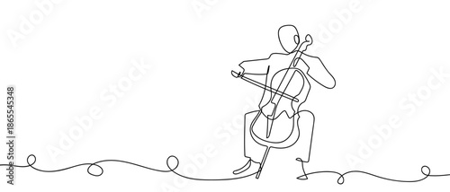 A single, continuous line of art: a man playing the cello. line art Vector drawing style on a transparent background Editable stroke.