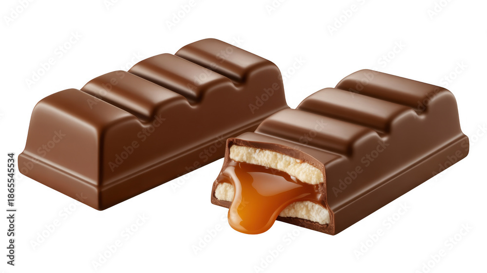 Fototapeta premium Chocolate caramel candy bars on black sweets isolated on a transparent background
