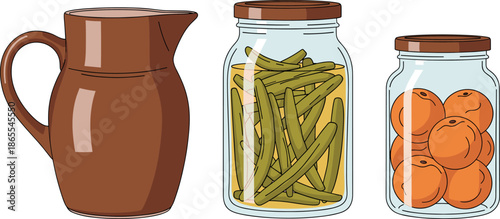 Vector illustration featuring a brown ceramic pitcher and glass jars with preserved green beans and oranges for pantry designs