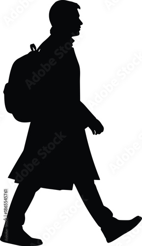 Walking man silhouette illustration with backpack traveler commuter lifestyle isolated black vector art for stock marketing branding design