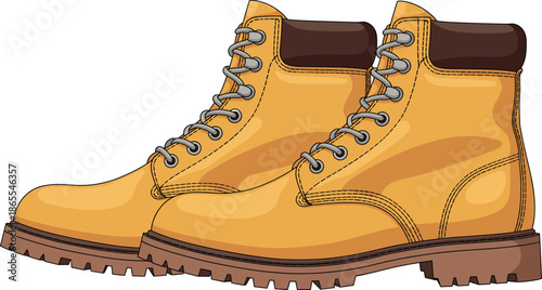 Vector illustration featuring a pair of honey gold leather work boots with rugged soles for industrial and outdoor designs