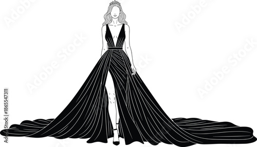 Elegant fashion woman wearing long black evening gown luxury couture beauty runway vector illustration isolated white background design