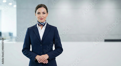 Confident and welcoming female professional in a modern corporate reception area, exuding hospitality and efficiency, ready to assist clients and guests