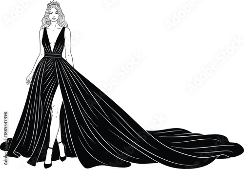 Elegant fashion woman wearing long black evening gown runway style luxury beauty couture vector illustration isolated white background design