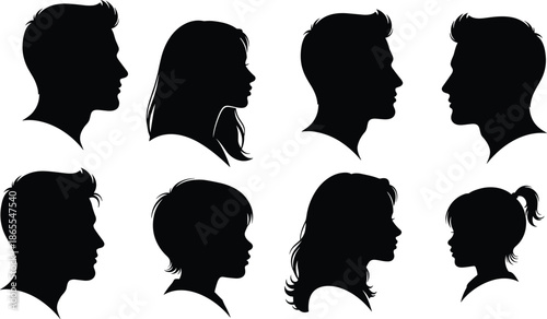 Human profile silhouettes collection men women children faces side view black vector illustration isolated white background design set