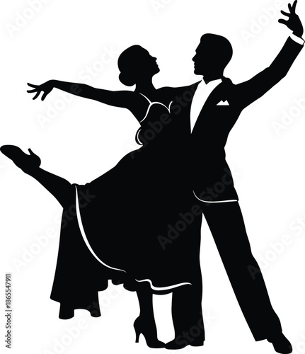 Elegant ballroom dancing couple silhouette illustration performing classic waltz expressing romance grace movement love music partnership formal dance art