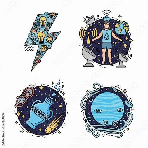 Four detailed illustrations depicting science, technology, space, and astrological concepts with cosmic elements.