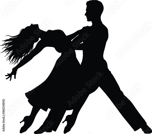 Elegant dancing couple silhouette illustration performing romantic ballroom dance expressing passion movement love music grace performance partnership