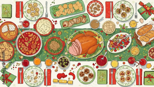 Festive Holiday Feast Spread with Roasted Turkey and Side Dishes.