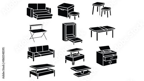 A collection of black and white furniture illustrations on a clean background