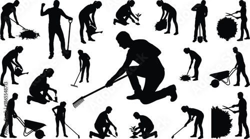 Gardening work silhouette collection illustrating planting, raking, pruning, yard maintenance, outdoor labor, landscaping tasks, agriculture activity concept isolated background