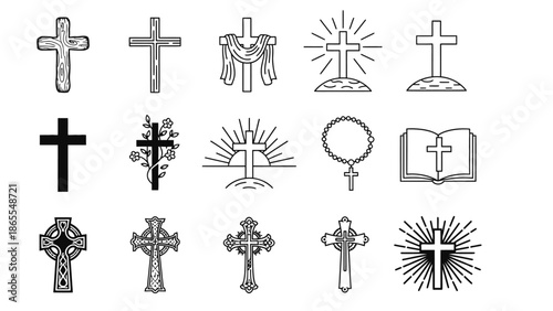 A collection of various Christian cross symbols and icons in black and white